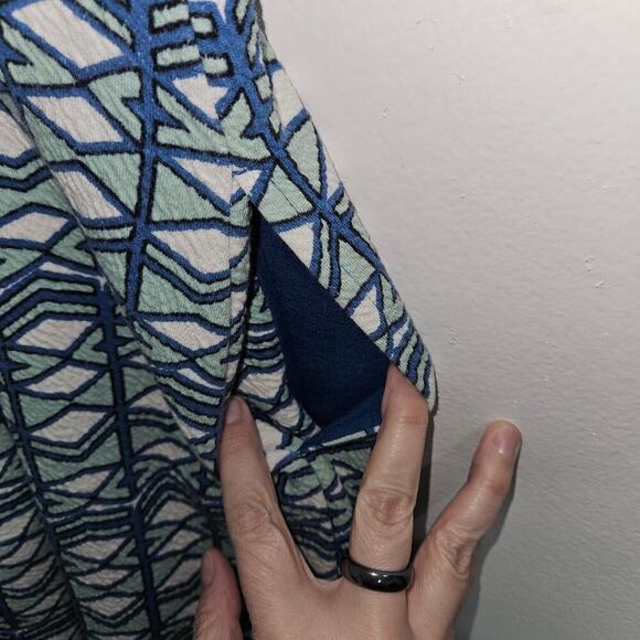 Anthropologie Maeve Green Blue Geometric Fit and Flare Cutout Mini Dress Size 12 - Picture 6 of 8